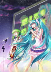 Rule 34 | 2girls, aqua eyes, aqua hair, bare shoulders, bracelet, closed eyes, green hair, guitar, gumi, hair ribbon, hand on own chest, hatsune miku, highres, instrument, jewelry, kumo ryuun, long hair, microphone, microphone stand, multiple girls, music, open mouth, ribbon, short hair, singing, skirt, twintails, very long hair, vocaloid