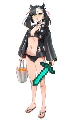 Rule 34 | 1girl, absurdres, asymmetrical bangs, asymmetrical hair, bikini, black bikini, black hair, breasts, bucket, choker, commentary, creatures (company), english commentary, game freak, green eyes, hair ribbon, highres, jacket, kiritzugu, leather, leather jacket, looking at viewer, marnie (pokemon), minecraft, minecraft sword, lava, nintendo, open mouth, pendant choker, pokemon, pokemon swsh, red ribbon, ribbon, sandals, simple background, solo, spikes, standing, swimsuit, sword, toes, twintails, undercut, weapon, white background