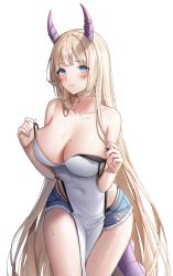 Rule 34 | 1girl, absurdres, bad id, bad pixiv id, bare shoulders, blonde hair, blue eyes, blue shorts, blush, breasts, cleavage, closed mouth, collarbone, commentary, commission, copyright request, covered navel, cowboy shot, dress, hands up, highres, holding strap, horns, large breasts, long hair, looking at viewer, meoyo, mole, mole on breast, pelvic curtain, short shorts, shorts, simple background, solo, standing, sweat, tail, very long hair, watermark, white background, white dress