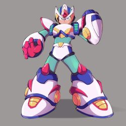 Rule 34 | 1boy, android, arm cannon, armor, commentary, english commentary, forehead jewel, full body, green eyes, grey background, helmet, highres, male focus, mega man (series), mega man x2, mega man x (series), second armor x (mega man), shoulder armor, solo, surrealmason, weapon, white armor, white footwear, white helmet, x (mega man), x buster