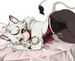 Rule 34 | 1girl, animal ear fluff, animal ears, baki (vtuber), black hair, black pantyhose, chinese commentary, cowlick, green eyes, grey hair, hair between eyes, highres, indie virtual youtuber, jacket, lion ears, lion girl, lion tail, lying, multicolored hair, on side, pantyhose, parted lips, smile, solo, streaked hair, tail, virtual youtuber, white jacket, xiaoyou no miao