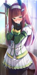 Rule 34 | 1girl, animal ears, black gloves, blush, brown hair, commentary request, gloves, green eyes, hands on own face, headband, horse ears, horse girl, horse tail, long hair, looking at viewer, silence suzuka (umamusume), solo, tail, tanabe, umamusume, uniform, window