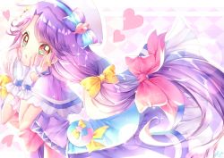 Rule 34 | 1girl, blush, bow, clothing cutout, commentary request, cure coral, dress, earrings, eyelashes, facial mark, fingerless gloves, gloves, heart, heart cutout, heart facial mark, highres, jewelry, long hair, looking at viewer, magical girl, precure, purple dress, purple eyes, purple hair, ribbon, solo, suzumura sango, touki matsuri, tropical-rouge! precure, white gloves