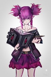 Rule 34 | 1girl, arknights, artist name, bare shoulders, belt, black belt, black shirt, book, collarbone, commentary request, cowboy shot, dagger, eyepatch, grey background, highres, holding, holding book, horns, jewelry, jianqiye, knife, lava (arknights), looking at viewer, miniskirt, necklace, off-shoulder shirt, off shoulder, pointy ears, purple eyes, purple hair, purple skirt, shirt, short hair, sidelocks, signature, simple background, skirt, solo, standing, stomach, twintails, weapon