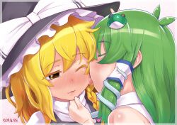 Rule 34 | 2girls, antenna hair, black headwear, black vest, blonde hair, blush, bow, braid, closed eyes, colored eyelashes, commentary request, dated, frog hair ornament, green hair, hair bow, hair ornament, half-closed eyes, hat, hat bow, highres, kei jiei, kirisame marisa, kochiya sanae, licking, licking another&#039;s cheek, licking another&#039;s face, long hair, looking at another, multiple girls, nose blush, one eye closed, open mouth, pink bow, shirt, single braid, single hair tube, sleeveless, sleeveless shirt, snake hair ornament, touhou, turtleneck, upper body, vest, white bow, white shirt, witch hat, yellow eyes, yuri