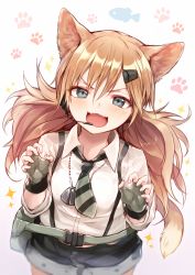 Rule 34 | 1girl, :d, animal ears, black shorts, blue eyes, blush, breasts, cat ears, cat girl, cat tail, collared shirt, commentary request, dog tags, fangs, fingerless gloves, fingernails, girls&#039; frontline, gloves, gradient background, green gloves, hair between eyes, hair ornament, hairclip, headset, highres, idw (girls&#039; frontline), light brown hair, long hair, looking at viewer, open mouth, purple background, shirt, short shorts, shorts, small breasts, smile, solo, sparkle, sukemyon, suspender shorts, suspenders, tail, very long hair, white background, white shirt