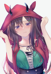 Rule 34 | 1girl, @ @, adjusting hood, blush, brown hair, capelet, closed mouth, commentary request, demon horns, dress, fang, frown, green dress, hair ornament, hairclip, half-closed eyes, halloween, halloween costume, highres, hojiro same, hood, hooded capelet, horns, horse girl, long hair, looking at viewer, mejiro dober (umamusume), purple eyes, red capelet, short sleeves, simple background, skin fang, solo, umamusume, upper body, white background