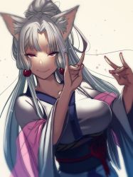 Rule 34 | 1girl, absurdres, animal ears, at2., blurry, breasts, closed mouth, depth of field, dutch angle, fox ears, fox shadow puppet, hagoromo, hair bobbles, hair ornament, highres, japanese clothes, kimono, large breasts, long hair, long sleeves, looking at viewer, nail polish, obi, parted bangs, pink eyes, pink nails, ponytail, red ribbon, ribbon, sash, shawl, sidelocks, silver hair, simple background, smile, solo, thick eyebrows, touhoku itako, tsurime, upper body, utau, very long hair, white kimono, wide sleeves, yellow background