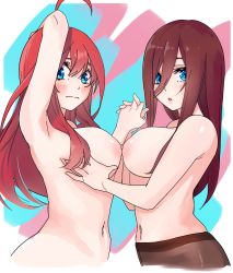 Rule 34 | 2girls, ahoge, arm up, armpits, black pantyhose, blue eyes, blush, grabbing another&#039;s breast, breast press, breasts, breasts squeezed together, brown hair, completely nude, go-toubun no hanayome, grabbing, hair between eyes, highres, holding hands, incest, interlocked fingers, large breasts, ldeeeeeeeeeejo, long hair, looking at viewer, multiple girls, nakano itsuki, nakano miku, navel, nipples, nude, open mouth, pantyhose, red hair, siblings, sisters, symmetrical docking, topless, twincest, twins, wavy mouth, yuri