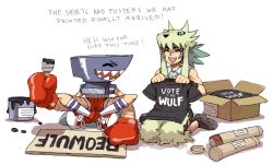 Rule 34 | 2boys, andy anvil, anvil, boxing gloves, commentary, emlan, indian style, multiple boys, paint, paintbrush, personification, sharp teeth, shirt, shoes, shorts, sign, sitting, skullgirls, sneakers, socks, t-shirt, teeth