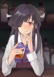 Rule 34 | 10s, 1girl, alcohol, black hair, blush, bow, bowtie, cup, hair over one eye, hayashimo (kancolle), hinami (hinatamizu), ice, jewelry, kantai collection, long hair, long sleeves, looking at viewer, red eyes, ribbon, ring, smile, solo, twitter username, wedding band