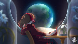 Rule 34 | 1girl, aoiyuya, brown hair, chair, display case, earth (planet), flower, from behind, headphones, headset, long hair, on chair, original, pantyhose, planet, radio, signature, sitting, solo, space, sweater, table, turtleneck, turtleneck sweater, window