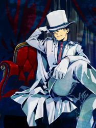 Rule 34 | 1boy, armchair, bad id, bad pixiv id, blue eyes, blue shirt, cape, chair, crossed legs, curtains, formal, gloves, hat, head rest, kaitou kid, kuroba kaito, looking at viewer, looking down, male focus, meitantei conan, monocle, monocle chain, necktie, pants, red upholstery, shirt, sitting, solo, suit, top hat, white gloves, white pants, white suit, ydk007