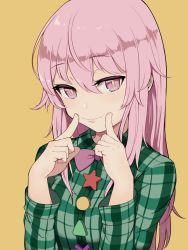 Rule 34 | 1girl, blush, bow, bowtie, buttons, circle, commentary request, fingersmile, green shirt, hair between eyes, hands up, hata no kokoro, highres, long hair, long sleeves, looking at viewer, marsen, pink eyes, pink hair, plaid, plaid shirt, purple bow, purple bowtie, shirt, sidelocks, simple background, solo, star (symbol), touhou, triangle, upper body, x, yellow background