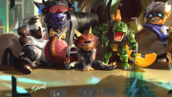 Rule 34 | 3boys, alistar (league of legends), blouse, blue shirt, bottle, character request, check character, claws, creature, eye focus, glowing, glowing eyes, grin, highres, holding, holding bottle, kennen, kog&#039;maw, league of legends, long hair, moo cow alistar, multiple boys, open mouth, pug&#039;maw, renekton, renektoy, shirt, sitting, skaarl, smile, super kennen, teeth, wutu (1183238220)