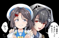 Rule 34 | 2girls, black background, black hair, clenched teeth, dress, grey eyes, hair between eyes, hair ornament, hairclip, hat, jingei (kancolle), kaiboukan no. 30 (kancolle), kantai collection, long hair, multiple girls, open mouth, red eyes, sailor dress, sailor hat, short hair, simple background, speech bubble, teeth, tk8d32, translation request, white dress, white headwear, x hair ornament