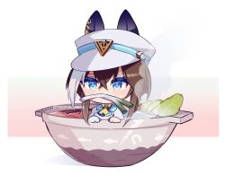 Rule 34 | 1girl, ascot, blue eyes, bowl, brown hair, cheval grand (umamusume), chibi, closed mouth, crossed bangs, food, food in mouth, hat, hat belt, in bowl, in container, jacket, long hair, multicolored hair, noodles, renma (renma 0503), simple background, solo, soup, spring onion, steam, streaked hair, twitter username, umamusume, watermark, white background, white hat, white jacket, yellow ascot