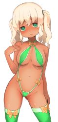 Rule 34 | 1girl, :d, aqua eyes, bare arms, bare shoulders, blush, bow, commentary request, contrapposto, covered erect nipples, cowboy shot, curly hair, garoudo (kadouhan&#039;i), gluteal fold, green thighhighs, hand up, head tilt, long hair, looking at viewer, navel, open mouth, orange bow, original, simple background, smile, solo, standing, swimsuit, thighhighs, twintails, white background