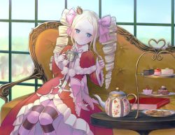 Rule 34 | 10s, 1girl, :/, beatrice (re:zero), blonde hair, blue eyes, blush, book, bow, bug, butterfly, butterfly-shaped pupils, cake, cake slice, capelet, chaise longue, closed mouth, cookie, couch, crown, cup, cupcake, dress, drill hair, floral print, food, frilled dress, frills, fur trim, hair ribbon, twirling hair, holding, holding cup, insect, knees together feet apart, leaning to the side, long hair, long sleeves, mini crown, pabo, pantyhose, parted bangs, pink ribbon, plate, pom pom (clothes), pretzel, re:zero kara hajimeru isekai seikatsu, red dress, ribbon, sitting, solo, striped clothes, striped pantyhose, sweets, symbol-shaped pupils, table, tart (food), teacup, teapot, tiered tray, tree, twin drills, window