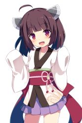 Rule 34 | 1girl, :d, absurdres, ahoge, blush, brown hair, commentary request, fang, hands up, headgear, highres, japanese clothes, kimono, long sleeves, looking at viewer, masaki (machisora), obi, open mouth, pleated skirt, purple skirt, red eyes, sash, simple background, skirt, sleeves past fingers, sleeves past wrists, smile, solo, touhoku kiritan, twintails, voiceroid, white background, white kimono, wide sleeves
