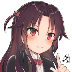 Rule 34 | 10s, 1girl, black jacket, blush, bow, brown hair, closed mouth, collared shirt, commentary request, hair between eyes, hair bow, head tilt, index finger raised, jacket, long hair, looking at viewer, noa yj, red bow, red eyes, ryuuou no oshigoto!, shirt, simple background, smile, solo, white background, white shirt, yashajin ai