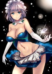 Rule 34 | 1girl, alternate costume, bad id, bad pixiv id, bare shoulders, blue eyes, blush, braid, breasts, cleavage, contrapposto, corsage, darkness, elbow gloves, female focus, gloves, highres, izayoi sakuya, large breasts, looking at viewer, maid, maid headdress, midriff, miniskirt, moruchi (rinaka moruchi), navel, silver hair, skirt, solo, standing, thighs, touhou, twin braids, white gloves