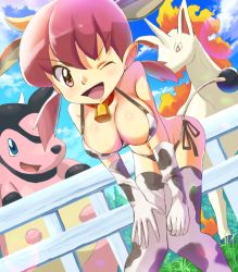 Rule 34 | 1girl, animal ears, animal print, bikini, blue sky, breasts, cleavage, collar, cow ears, cow horns, cow print, cow print bikini, cowbell, creatures (company), elbow gloves, female focus, fence, game freak, gen 1 pokemon, gen 2 pokemon, gloves, grass, hands on own knees, horns, large breasts, leaning forward, looking at viewer, miltank, nintendo, one eye closed, open mouth, paraiso551, pink eyes, pink hair, pokemon, pokemon (creature), pokemon gsc, print bikini, print gloves, print thighhighs, rapidash, short hair, side-tie bikini bottom, sky, smile, solo, swimsuit, tail, thighhighs, twintails, whitney (pokemon), wink