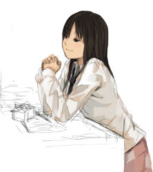 Rule 34 | 1girl, black eyes, black hair, box, closed mouth, elbow rest, gift, gift box, interlocked fingers, leaning forward, long hair, long sleeves, necktie, original, own hands clasped, own hands together, simple background, sketch, smile, solo, tamaru tokihiko, white background