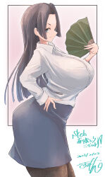 Rule 34 | 1girl, absurdres, alternate breast size, ass, black hair, black pantyhose, blue eyes, blue skirt, breasts, commission, curvy, dated, folding fan, from side, hand fan, hand on own hip, highres, holding, holding fan, huge ass, huge breasts, kongou mitsuko, long hair, looking at viewer, pantyhose, saamon (salmonkomaku), shirt, signature, simple background, skeb commission, skirt, smile, solo, toaru kagaku no railgun, toaru majutsu no index, white background, white shirt