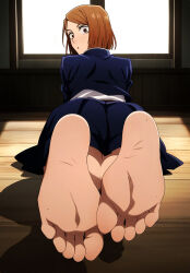 Rule 34 | 1girl, artist request, ass, bare legs, barefoot, breasts, brown eyes, brown hair, collared shirt, eyelashes, feet, feet together, feet up, female focus, foot focus, from behind, high collar, highres, indoors, jujutsu kaisen, kugisaki nobara, legs, legs together, long sleeves, looking at viewer, looking back, lying, matching hair/eyes, medium breasts, medium hair, miniskirt, neck, on stomach, parted bangs, parted lips, shirt, sidelocks, skirt, soles, surprised, thighs, toenails, toes, turning head, wide-eyed