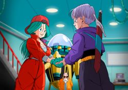 Rule 34 | 1boy, 1girl, absurdres, bald, beard, blue eyes, bodysuit, breasts, bulma, bulma (future), carrying over shoulder, cleavage, dragon ball, dragonball z, facial hair, gloves, green hair, highres, holding hands, indoors, jacket, large breasts, legs, long hair, looking at another, low ponytail, machine, mother and son, muten roushi, old, old man, open mouth, purple hair, short hair, stairs, standing, sunglasses, sword, thighs, trunks (dragon ball), trunks (future) (dragon ball), weapon, yamamoto doujin