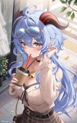 Rule 34 | 1girl, adjusting hair, ahoge, autumn leaves, bag, bare shoulders, bell, belt, black belt, black choker, black ribbon, blue hair, blush, breasts, choker, cleavage, collarbone, cowbell, crosswalk, cup, detached sleeves, disposable cup, drinking straw, drinking straw in mouth, earrings, eyewear on head, ganyu (genshin impact), genshin impact, goat horns, hair between eyes, harukix, heart, heart earrings, highres, holding, holding cup, horns, jewelry, large breasts, leaf, long hair, long sleeves, nail polish, outdoors, parted lips, plaid, plaid skirt, plant, potted plant, purple eyes, ribbed sweater, ribbon, sidelocks, skirt, solo, sweater