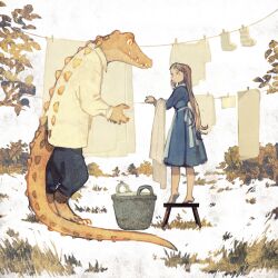 Rule 34 | 1girl, absurdres, animal, apron, barefoot, basket, blue dress, blue pants, brown eyes, brown hair, bush, child, claws, clothed animal, clothesline, collared shirt, croco zigmond, crocodile, crocodilian, dress, dress shirt, grass, highres, holding, laundry, laundry basket, long hair, long sleeves, looking at another, on stool, original, outdoors, pants, philia ell, sharp teeth, shirt, slit pupils, snow, stool, tail, teeth, tono (rt0no), tree, white shirt