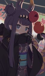 Rule 34 | 1girl, absurdres, black eyes, black gloves, black scarf, blunt bangs, braid, braided bun, breath, candy, candy apple, double bun, enpera, fang, festival, flower, food, gloves, hair bun, hair flower, hair ornament, half gloves, hand up, haori, headpiece, highres, hololive, hololive english, japanese clothes, kimono, long hair, looking at viewer, mole, mole under eye, new year, ninomae ina&#039;nis, ninomae ina&#039;nis (new year), obi, obiage, obijime, open mouth, purple hair, purple kimono, red flower, rerere, sash, scarf, sidelocks, smile, solo, striped clothes, striped scarf, tentacles, upper body, virtual youtuber, wide sleeves