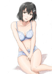 Rule 34 | 1girl, bare shoulders, black hair, blush, bra, breasts, brown eyes, cleavage, haguro (kancolle), hair ornament, hairclip, highres, kantai collection, navel, open mouth, panties, short hair, sitting, smile, solo, underwear, underwear only, vent arbre, white bra, white panties