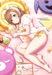 Rule 34 | 1girl, absurdres, ass, barefoot, blush, bra, breasts, brown eyes, brown hair, collarbone, copyright name, feet, frilled bra, frills, from above, hair ornament, highres, holding, inou shin, kunikida hanamaru, looking at viewer, love live!, love live! sunshine!!, lying, medium breasts, navel, official art, on side, parted lips, ribbon, scan, short hair, solo, toes, underwear, underwear only, yellow ribbon