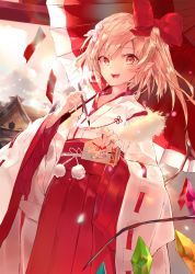 Rule 34 | 1girl, :d, alternate costume, blonde hair, bow, cowboy shot, crystal, flandre scarlet, hair between eyes, hair bow, hakama, hakama short skirt, hakama skirt, highres, holding, holding brush, holding umbrella, japanese clothes, kimono, long hair, long sleeves, looking at viewer, no headwear, one side up, open mouth, outdoors, pointy ears, pom pom (clothes), red bow, red eyes, red skirt, red umbrella, remilia scarlet, sakusyo, skirt, smile, solo, standing, touhou, umbrella, white kimono, wide sleeves, wings
