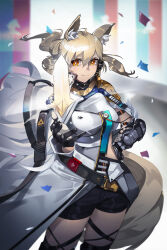 Rule 34 | 1girl, absurdres, animal ear fluff, animal ears, arknights, armored boots, black gloves, black shorts, blonde hair, boots, breasts, brown eyes, closed mouth, coat, floating hair, gloves, gradient background, grey background, hair between eyes, headset, high heel boots, high heels, highres, horse ears, horse girl, long hair, looking at viewer, medium breasts, multicolored background, name tag, nearl (arknights), nearl the radiant knight (arknights), plabit, ponytail, short shorts, shorts, smile, solo, thigh boots, very long hair, white coat, yellow eyes