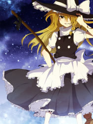 Rule 34 | 1girl, adjusting clothes, adjusting headwear, aoi (annbi), apron, blonde hair, bow, braid, broom, dress, female focus, frills, grin, hair over one eye, hand on headwear, hat, hat tip, kirisame marisa, long hair, night, night sky, ribbon, sky, smile, solo, standing, star (sky), starry sky, touhou, waist apron, witch, witch hat, yellow eyes