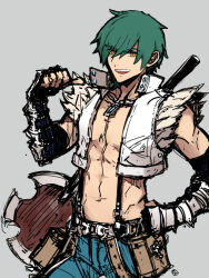Rule 34 | 1boy, axe, belt, black gloves, blue pants, brown belt, commentary request, cowboy shot, crop top, eyes visible through hair, fingerless gloves, fur-trimmed shirt, fur trim, gloves, green hair, hair between eyes, hand on own hip, howard alt-eisen, jewelry, kusabi (aighe), long bangs, looking at viewer, male focus, navel, necklace, open clothes, open mouth, open shirt, pants, pouch, ragnarok online, shirt, short hair, simple background, smile, solo, suspenders, thumbs up, toned, toned male, vambraces, white shirt, whitesmith (ragnarok online), yellow eyes