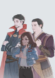 Rule 34 | 1girl, 2boys, america chavez, belt, black belt, black hair, black pants, blue eyes, blue jacket, blue pants, blue shirt, brown belt, brown eyes, brown hair, buttons, clenched hand, cloak, closed mouth, crossed arms, dark-skinned female, dark skin, doctor strange, doctor strange in the multiverse of madness, facial hair, fingernails, grey eyes, grey shirt, hands up, highres, jacket, jewelry, lips, long hair, long sleeves, looking to the side, marvel, marvel cinematic universe, multicolored hair, multiple boys, necklace, open clothes, open jacket, pants, poboong123, purple shirt, red cloak, shirt, short hair, simple background, smile, standing, star (symbol), star print, t-shirt, teeth, two-tone hair, v-shaped eyebrows, white background, white hair, wong (marvel)