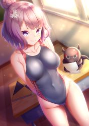 Rule 34 | 1girl, :3, alternate costume, arms behind back, bare arms, bare shoulders, black eyes, black one-piece swimsuit, blunt bangs, blush, book, breasts, closed mouth, collarbone, competition swimsuit, covered navel, cowboy shot, day, desk, dutch angle, fate/grand order, fate (series), flower, groin, hair bun, hair flower, hair ornament, hairclip, highleg, highleg swimsuit, highres, horns, katsushika hokusai (fate), lipstick, looking at viewer, makeup, medium breasts, octopus, one-piece swimsuit, paper, pink lips, purple eyes, purple hair, school desk, short hair, single hair bun, smile, solo, sparkle, sunlight, swimsuit, tokitarou (fate), window, yuunagi (0217)