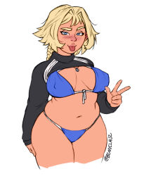 Rule 34 | 1girl, bikini, blanclauz, blonde hair, blue bikini, blue eyes, blush, braid, breasts, cowboy shot, highres, large breasts, long sleeves, looking at viewer, neckwear request, original, parted hair, plump, solo, swimsuit, thick thighs, thigh grab, thighs, tongue, tongue out, twitter username, w, white background