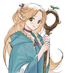 Rule 34 | 1girl, ambrosia (dungeon meshi), blonde hair, blue robe, braid, capelet, choker, dungeon meshi, elf, french braid, frs2, green eyes, hood, hood down, light blush, long hair, long sleeves, looking at viewer, marcille donato, parted hair, pointy ears, red choker, red ribbon, ribbon, robe, simple background, sketch, smile, sprout, staff, twin braids, white background