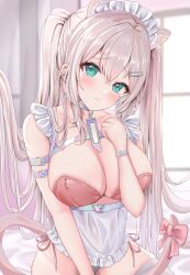 Rule 34 | 1girl, absurdres, animal ears, apron, aqua eyes, belt, breasts, cat ears, cat girl, cat tail, choker, cleavage, commentary request, hair ornament, hairclip, highres, large breasts, long hair, maid headdress, mole, mole under eye, original, pink hair, sitting, solo, tail, twintails, uni ikura, very long hair, white choker