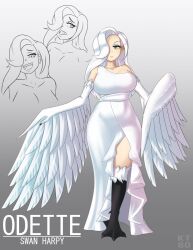 Rule 34 | 1girl, artist name, bare shoulders, bird legs, blue eyeshadow, breasts, character name, commentary, commission, dress, ear piercing, english commentary, eyeshadow, feathers, grey background, hair over one eye, harpy, highres, kt80at, large breasts, makeup, monster girl, multiple views, odette (karel), open mouth, original, piercing, sharp teeth, single strap, teeth, webbed feet, white dress, white feathers, white hair, white wings, winged arms, wings, yellow eyes