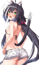 Rule 34 | 1girl, ahoge, animal, animal ear fluff, animal ears, ass, bare arms, bare back, bare shoulders, bikini, black bikini, black hair, black ribbon, blush, bow, breasts, cat ears, cat girl, cat tail, cowboy shot, dimples of venus, from behind, green eyes, hair bow, highres, karyl (princess connect!), karyl (summer) (princess connect!), long hair, looking at viewer, looking back, low twintails, multicolored hair, nose blush, open mouth, princess connect!, purple bow, ribbon, short shorts, shorts, sideboob, simple background, small breasts, solo, streaked hair, swimsuit, tail, takanashi kei (hitsujikan), thighs, twintails, v-shaped eyebrows, very long hair, white background, white hair, white shorts