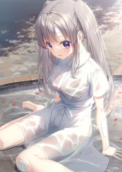 Rule 34 | 1girl, black bra, bra, bra visible through clothes, breasts, collared dress, commentary request, day, dress, eyebrows hidden by hair, greyscale, highres, idolmaster, idolmaster shiny colors, kine-c, long hair, looking at viewer, medium breasts, monochrome, outdoors, parted lips, petals, petals on liquid, purple eyes, see-through, shallow water, short sleeves, sitting, solo, twintails, underwear, very long hair, wariza, water, wet, wet clothes, wet dress, white dress, yukoku kiriko