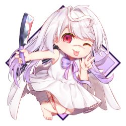Rule 34 | 1girl, ;p, angel wings, arms up, bare arms, barefoot, blood, bloody weapon, chibi, cleaver, dress, gunjou row, holding, holding weapon, lavender neckwear, leaning to the side, long hair, looking at viewer, one eye closed, original, outstretched arm, purple background, red eyes, silver hair, simple background, sleeveless, sleeveless dress, solo, tongue, tongue out, two-tone background, v, very long hair, weapon, white background, white dress, wings