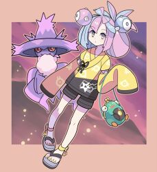 Rule 34 | 1girl, adapted costume, alternate hairstyle, ankle ribbon, bag, bellibolt, blue hair, character hair ornament, closed mouth, commentary request, creatures (company), eyelashes, game freak, gen 4 pokemon, green bag, hair ornament, hand up, highres, iono (pokemon), jacket, japanese clothes, knees, leg ribbon, looking at viewer, mismagius, multicolored hair, nail polish, nintendo, pink hair, pokemon, pokemon (creature), pokemon sv, ribbon, sandals, shorts, sleeves past fingers, sleeves past wrists, sutokame, toenail polish, toenails, two-tone hair, yellow jacket, yellow nails, yellow ribbon